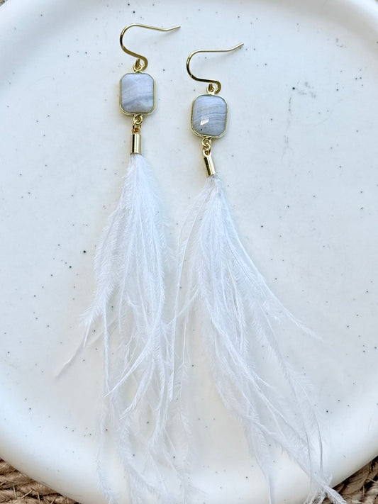 Blue Lace Agate + Gold White Feather Earrings
