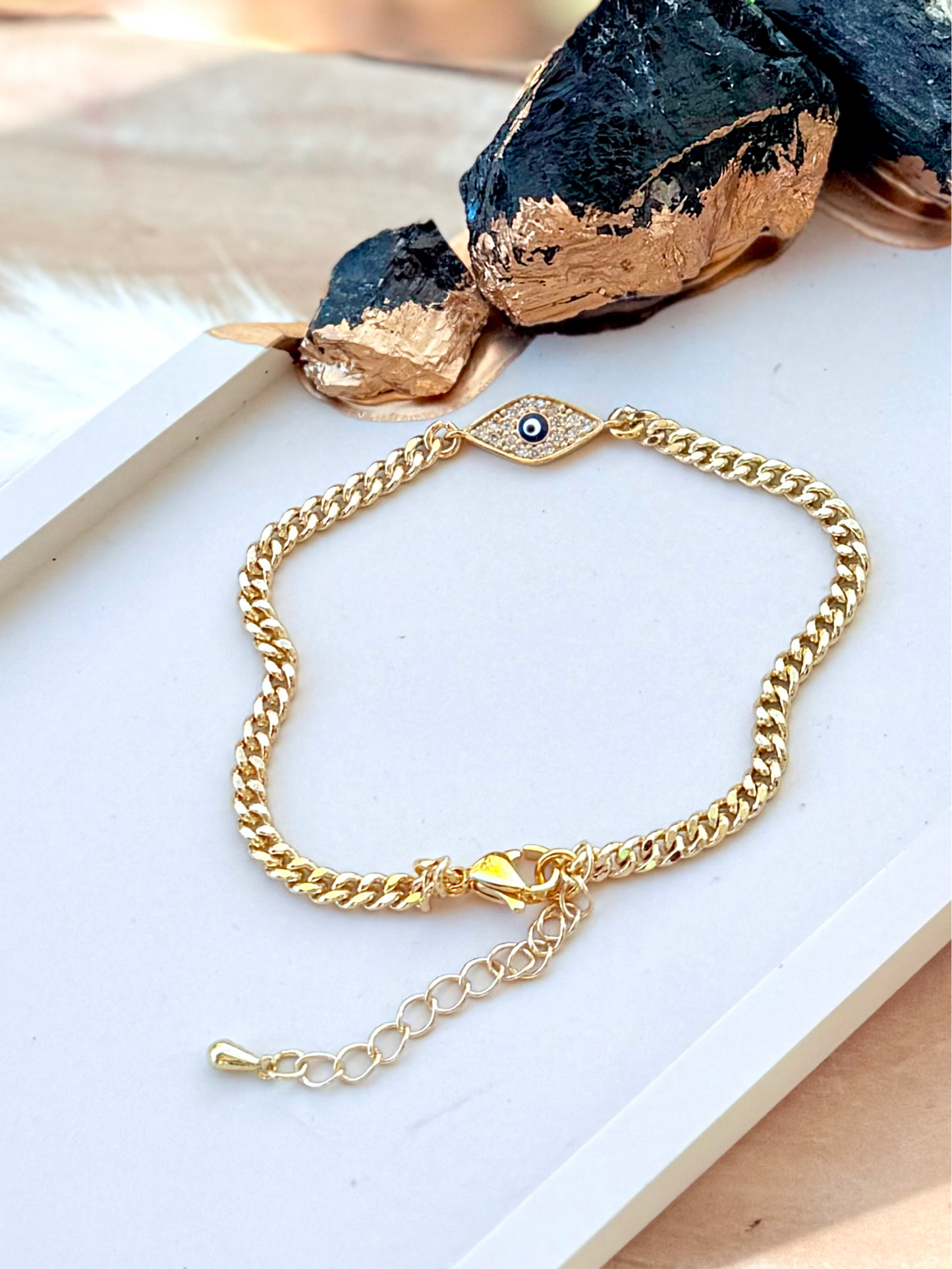 Small Black Evil Eye + Gold Chain Bracelet