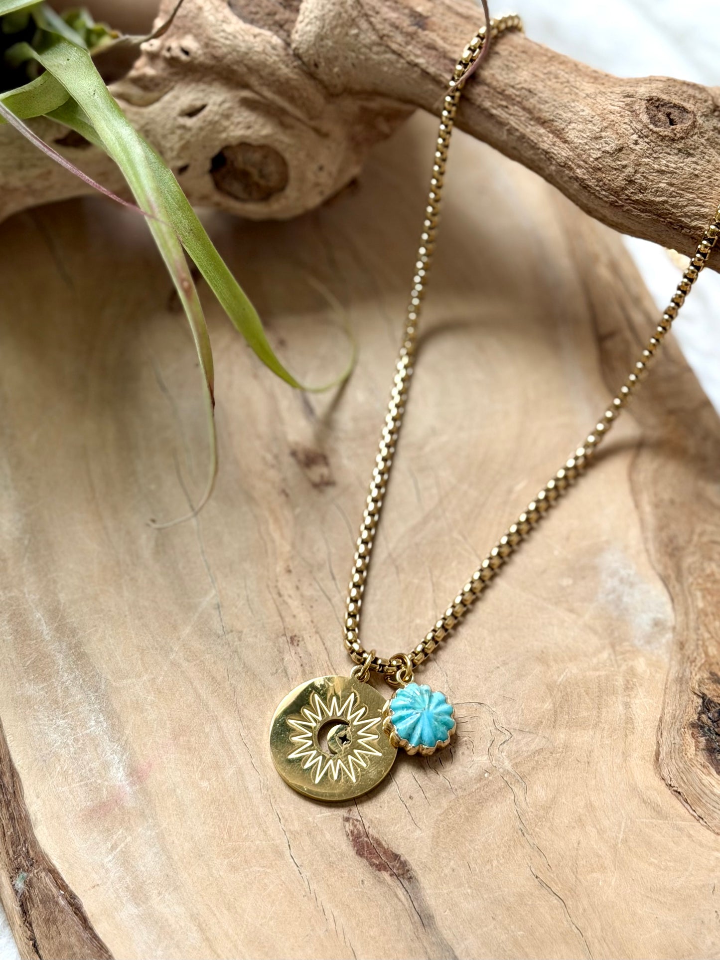 Turquoise + Gold Moon and Star Pendant Necklace