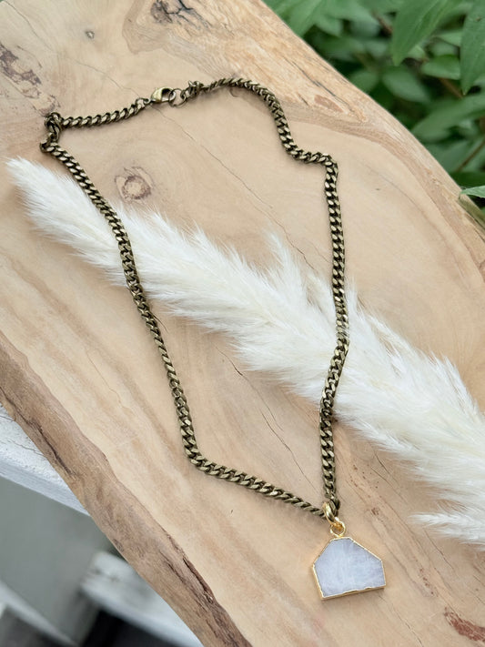 Rainbow Moonstone + Antique Bronze Necklace