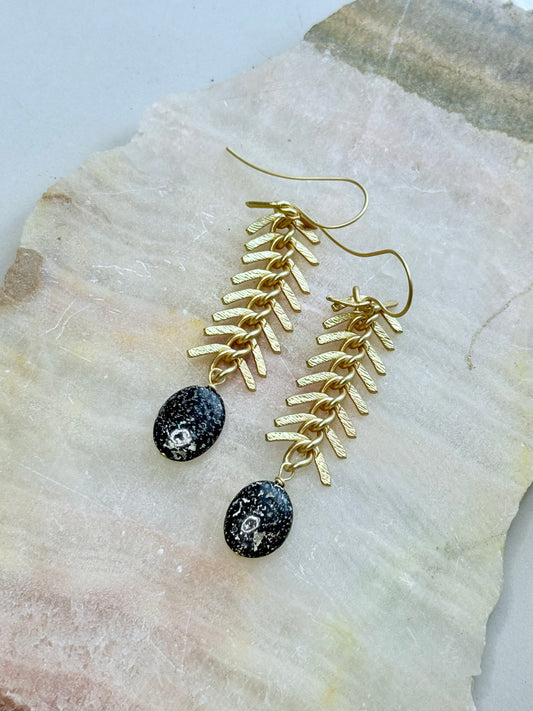 Leopard Opal + Matte Gold Fishbone Earrings
