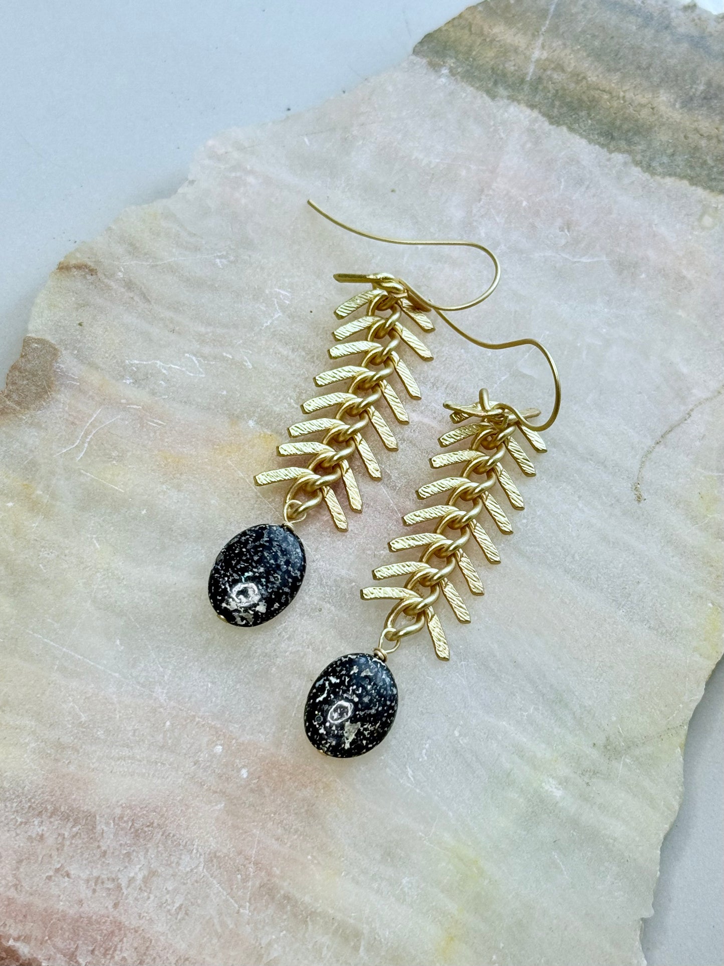 Leopard Opal + Matte Gold Fishbone Earrings