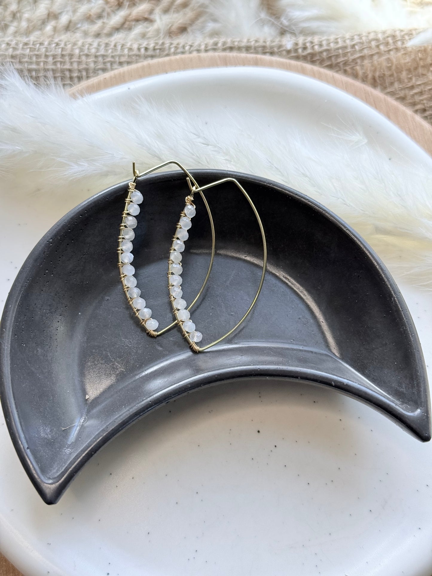 White Moonstone + Gold Eye Earrings