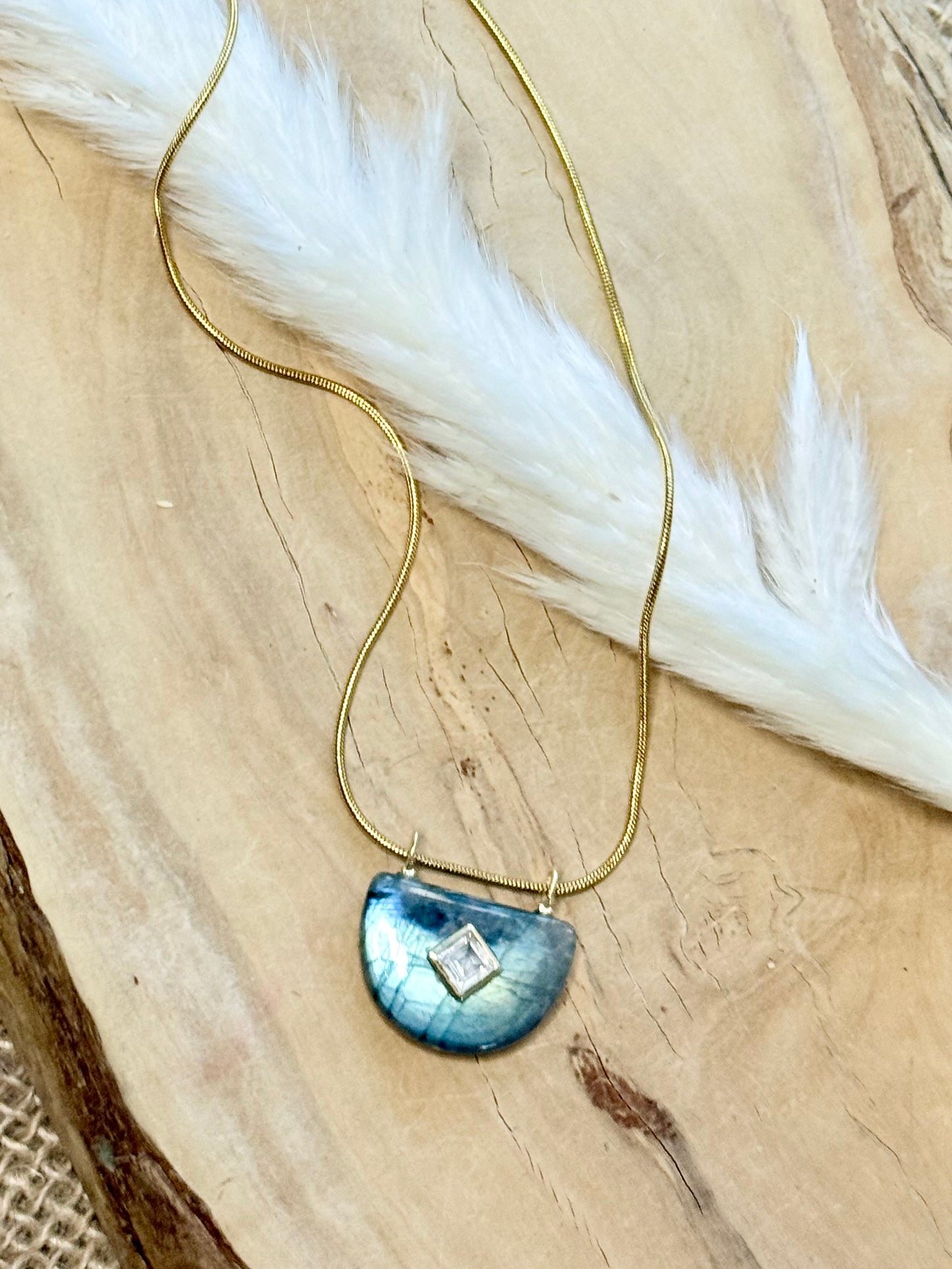 Labradorite + White Topaz Gold Half-Moon Necklace
