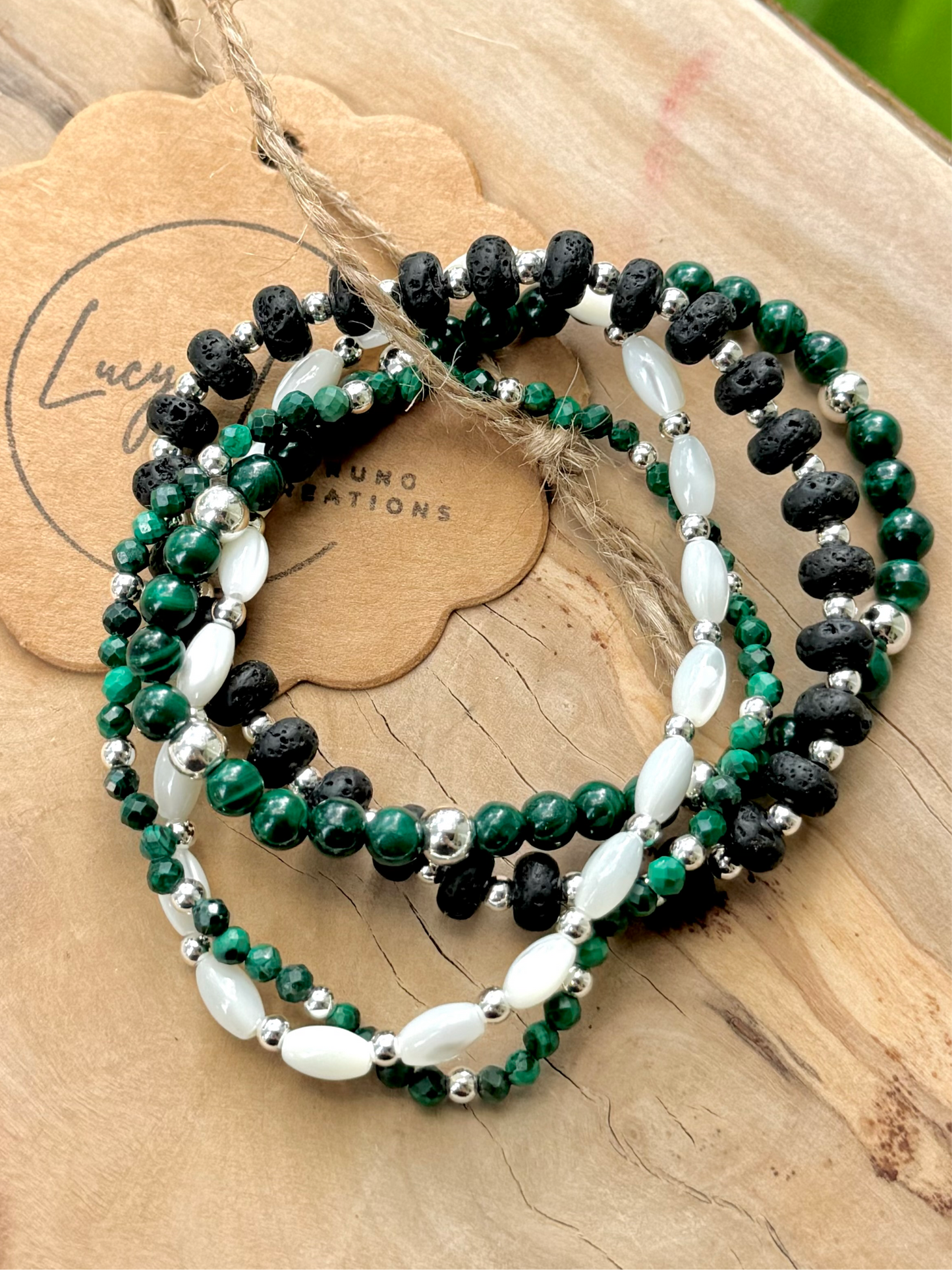 Malachite + Lava Rock in Silver Stack (4-stack)