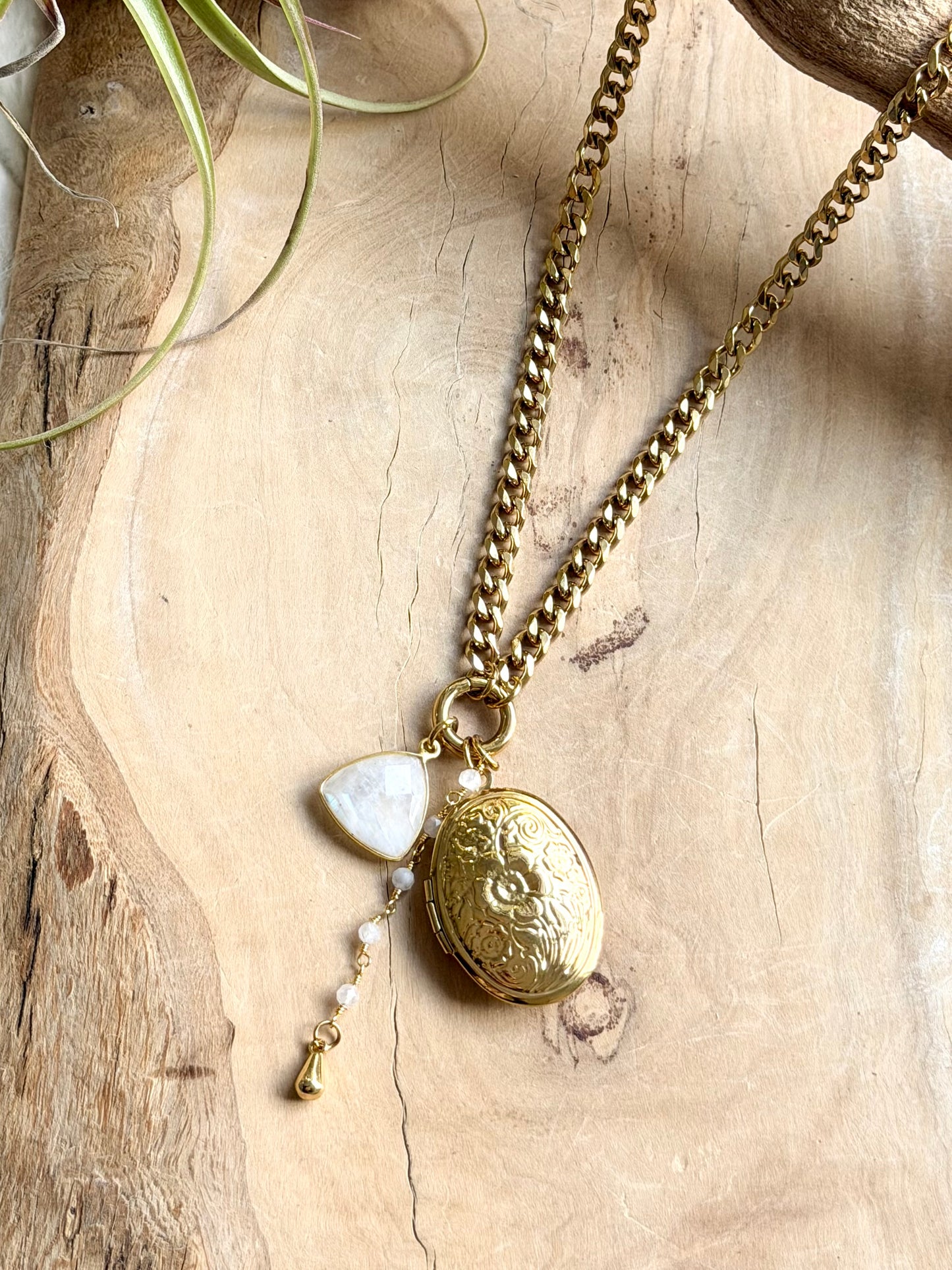 Rainbow Moonstone + Gold Stainless Steel Locket, Carabiner Charm Necklace