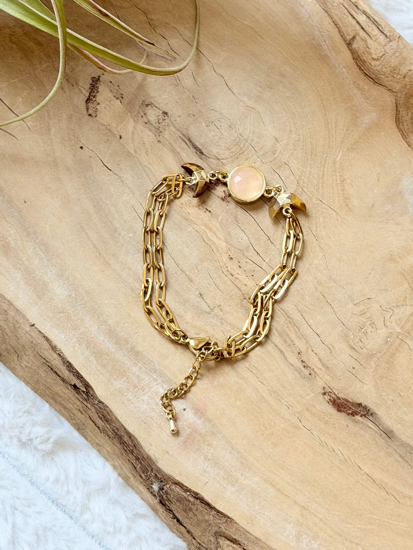 Rose Quartz + Tiger Eye Gold Moon Bracelet