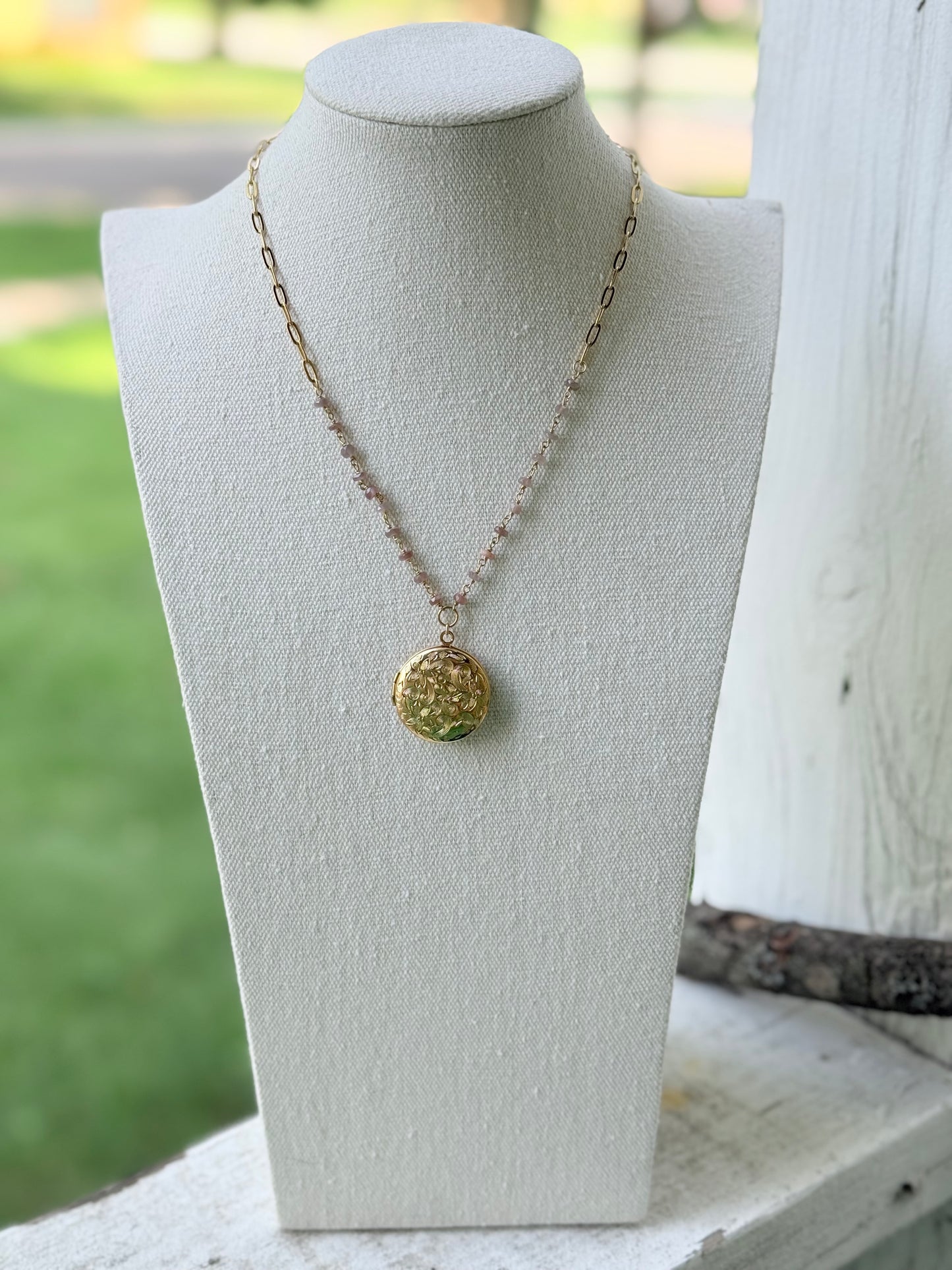 Chocolate Moonstone + Gold Circle Locket Necklace