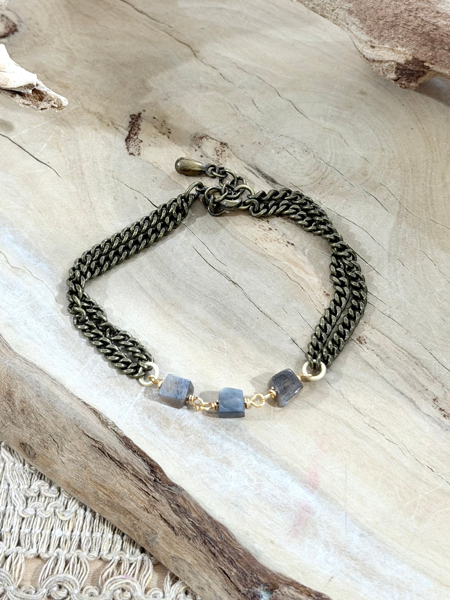 Peach-Gray Moonstone + Antique Brass Bracelet