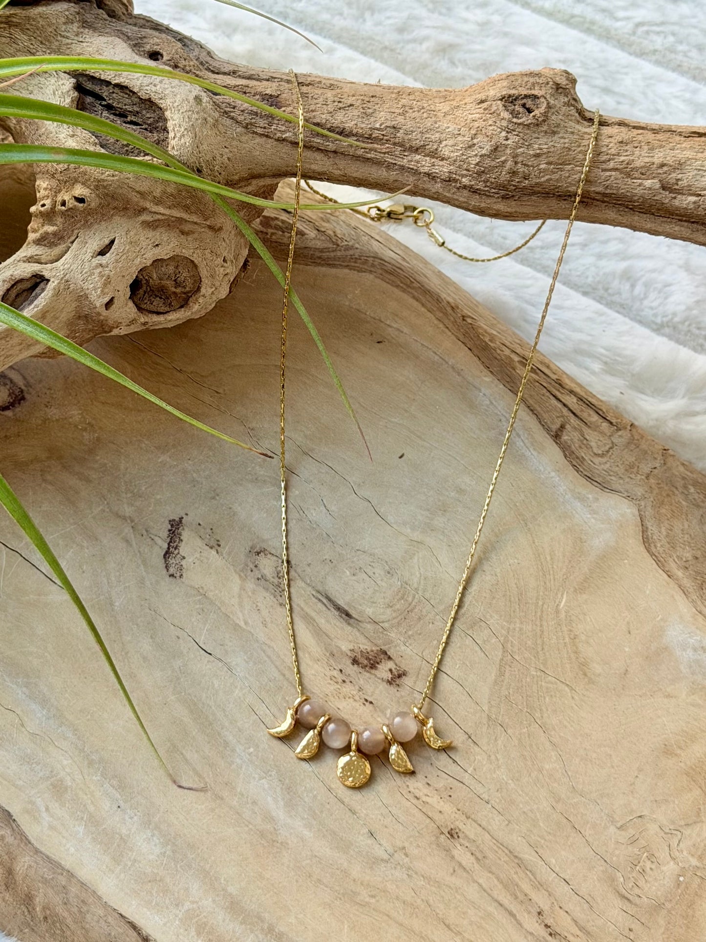 Peach Moonstone + Gold Moon Phases Necklace