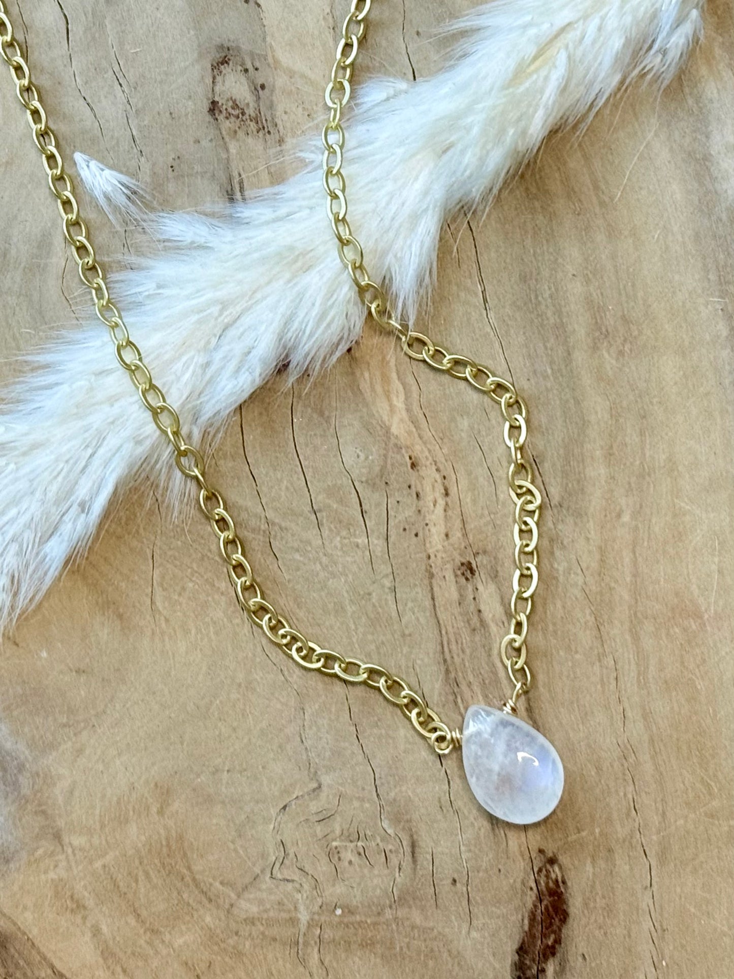 Rainbow Moonstone Teardrop + Matte Gold Necklace