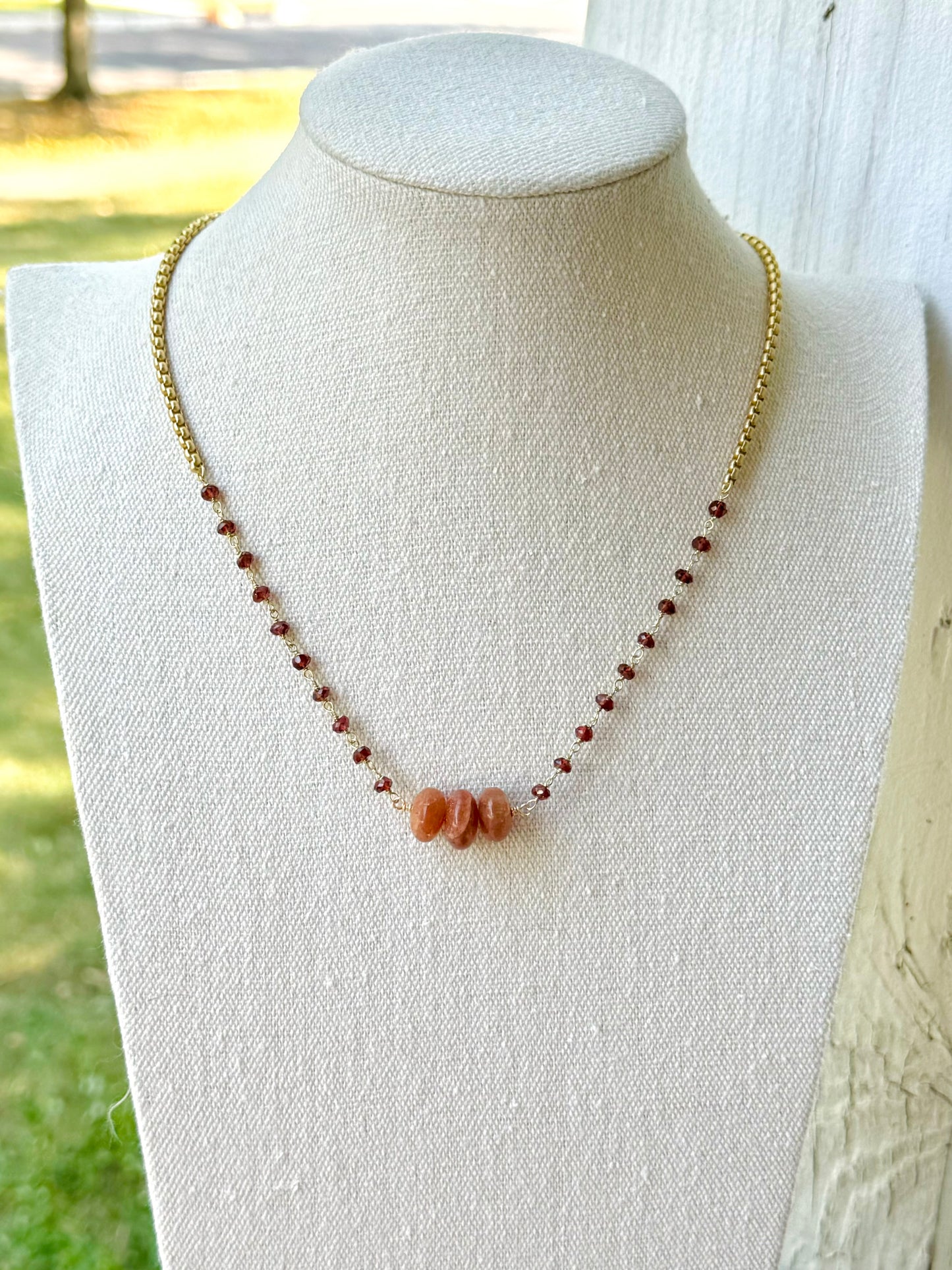 Sunstone + Garnet Matte Gold Necklace