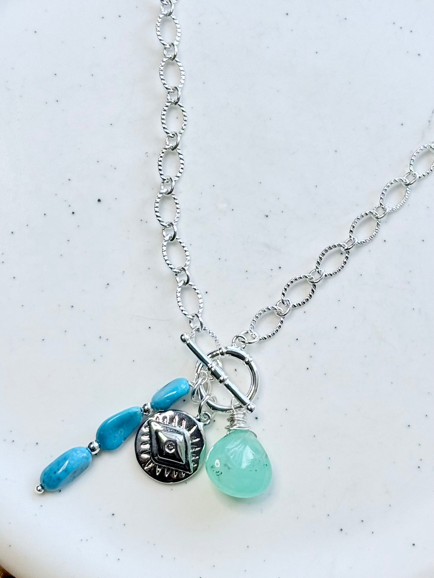 Chrysophase + Sleeping Beauty Turquoise Silver Toggle Necklace