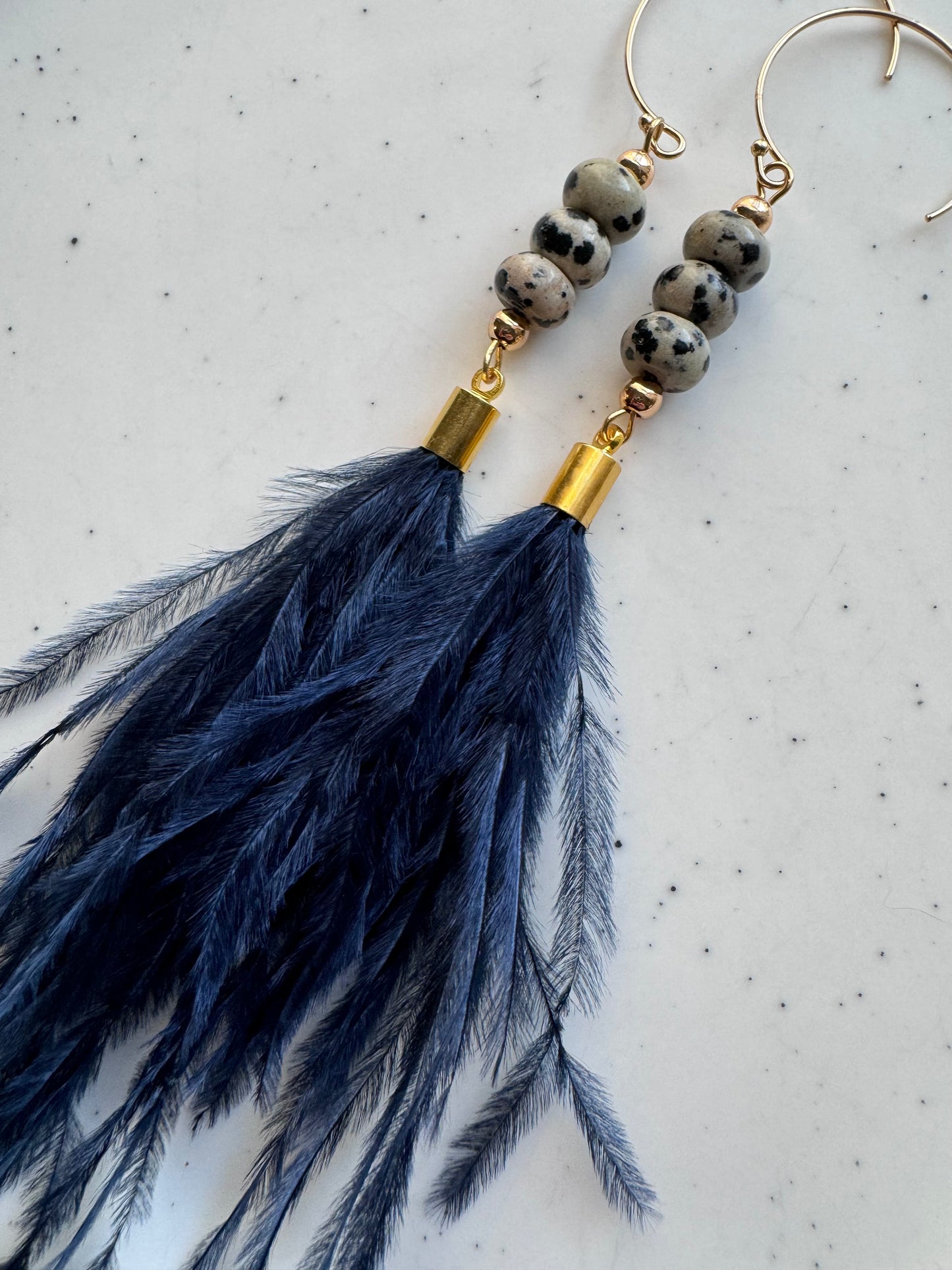 Dalmatian Jasper + Gold Navy Feather Earrings