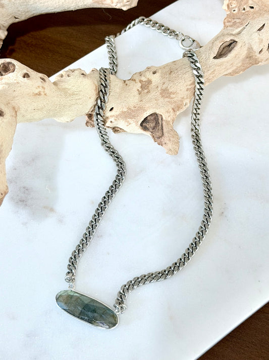 Labradorite + Antique Silver Bar Necklace