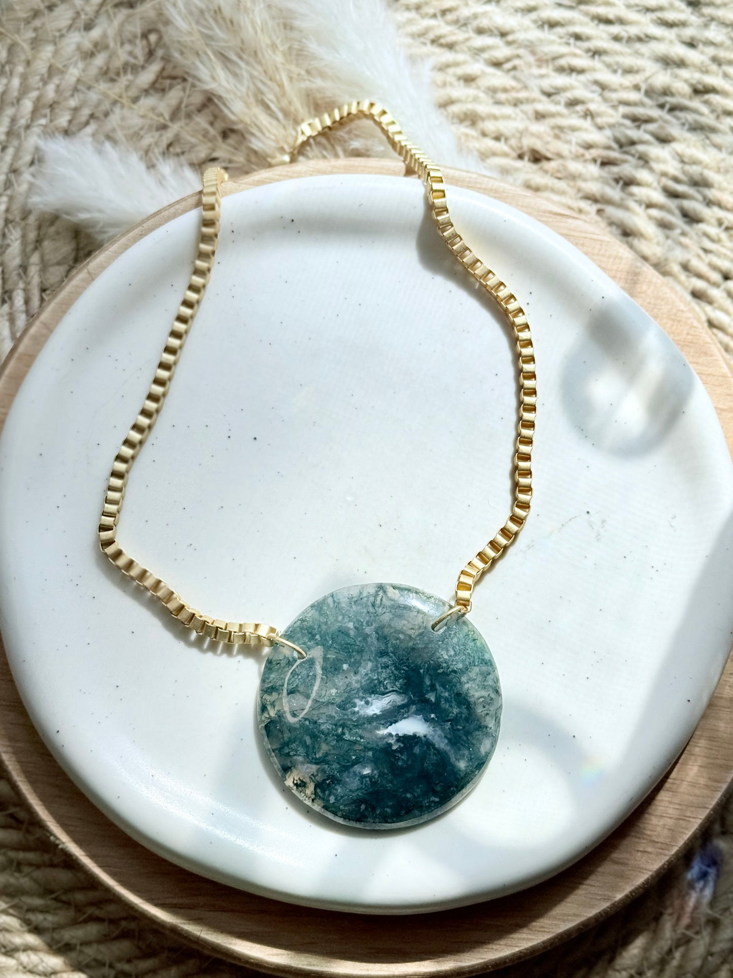 Moss Agate + Matte Gold Box Link Necklace