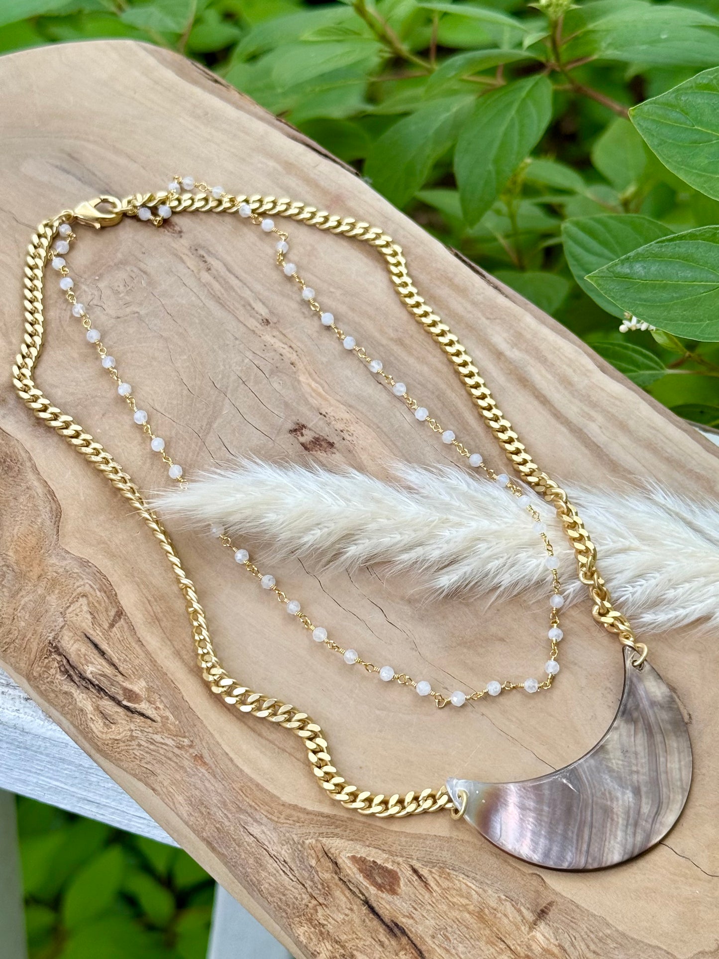 Mother of Pearl Crescent + Moonstone Matte Gold Duet Necklace
