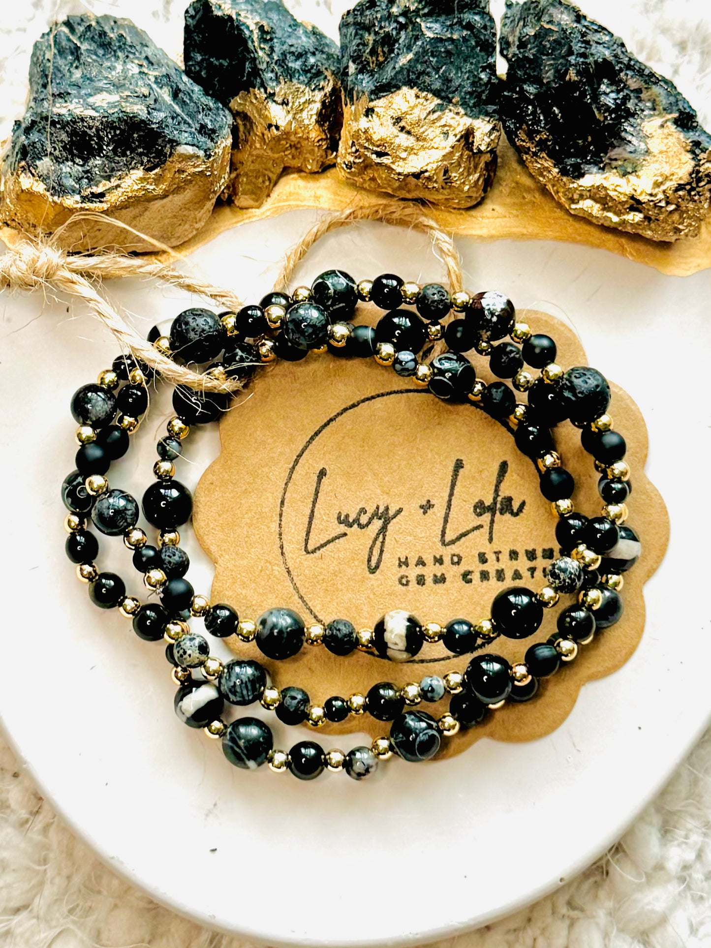 Mixed Black Gems + Gold (3-stack)