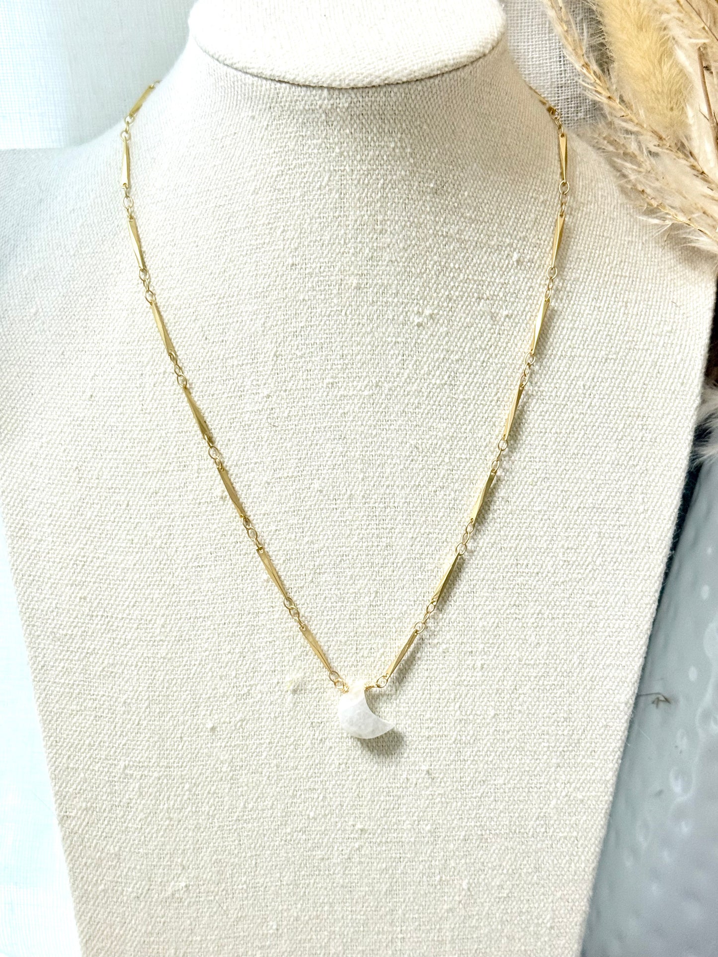 Rainbow Moonstone + Matte Gold Moon Necklace