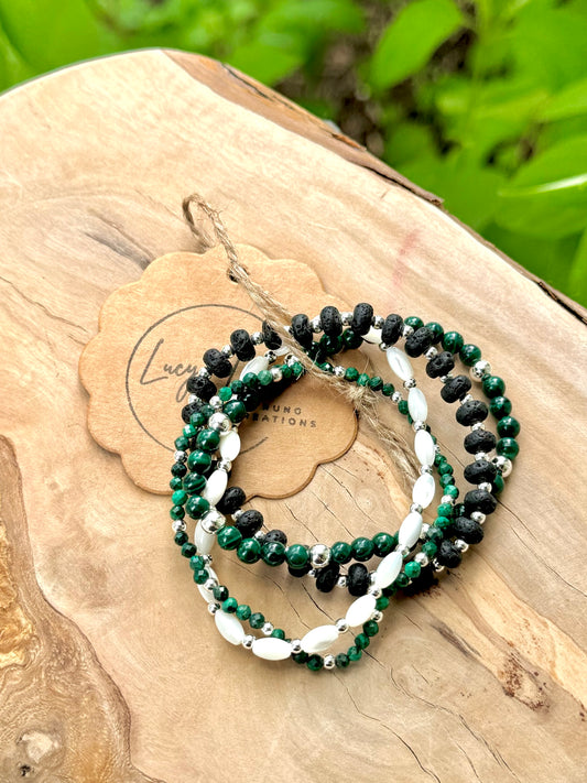 Malachite + Lava Rock in Silver Stack (4-stack)