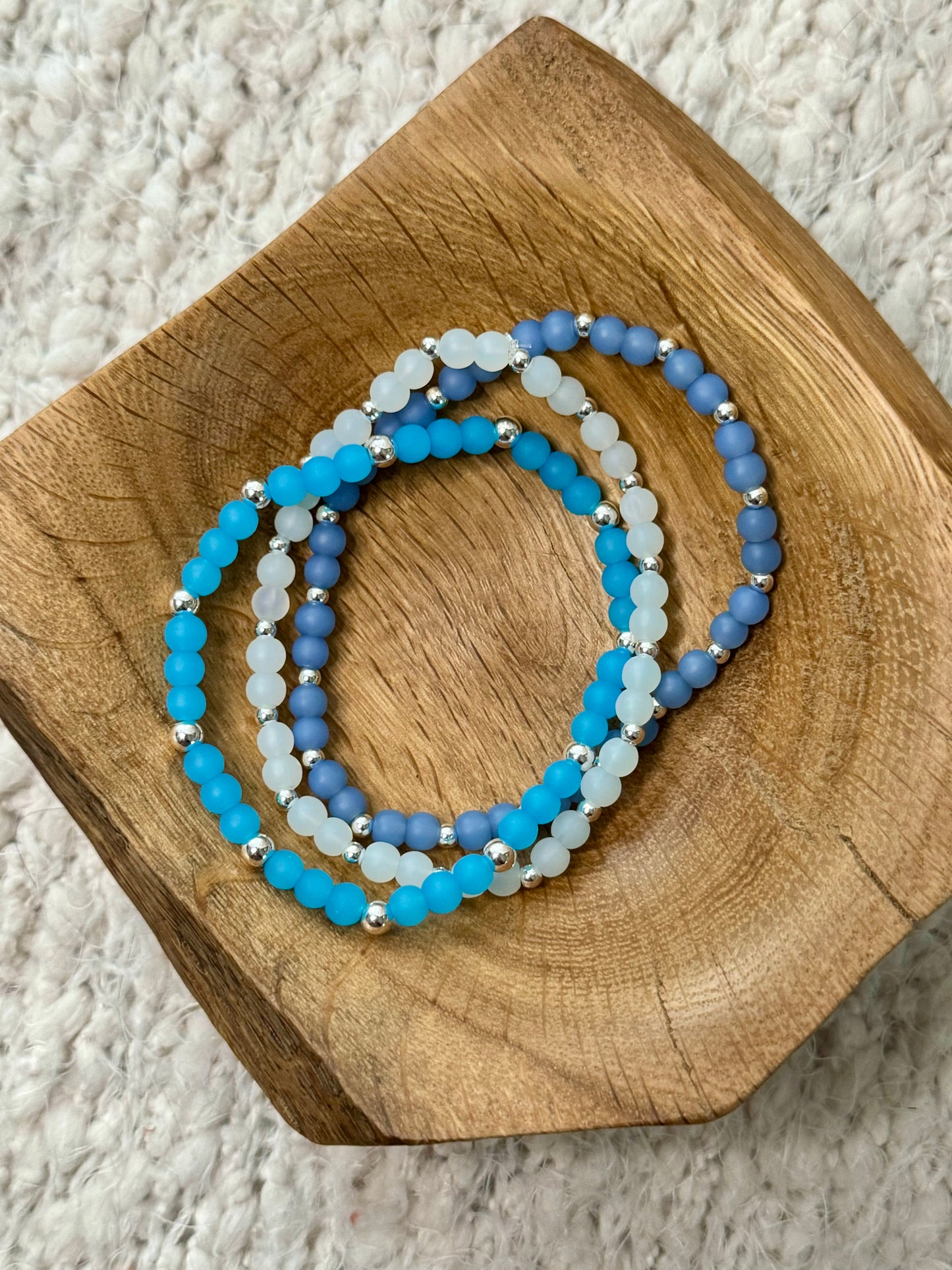 Blue Sea Glass + Silver (3-stack)
