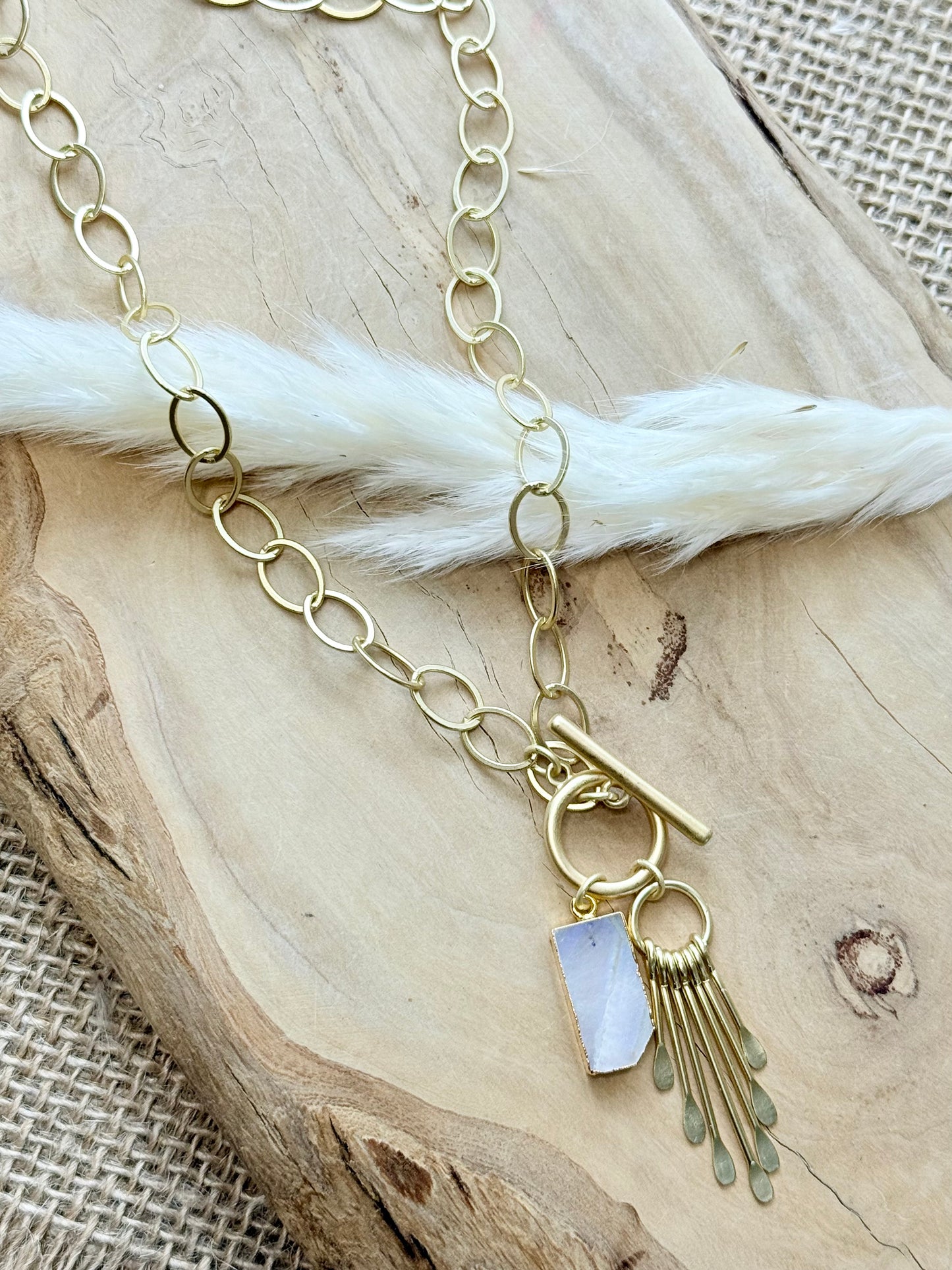 Rainbow Moonstone + Gold Charm Toggle Necklace