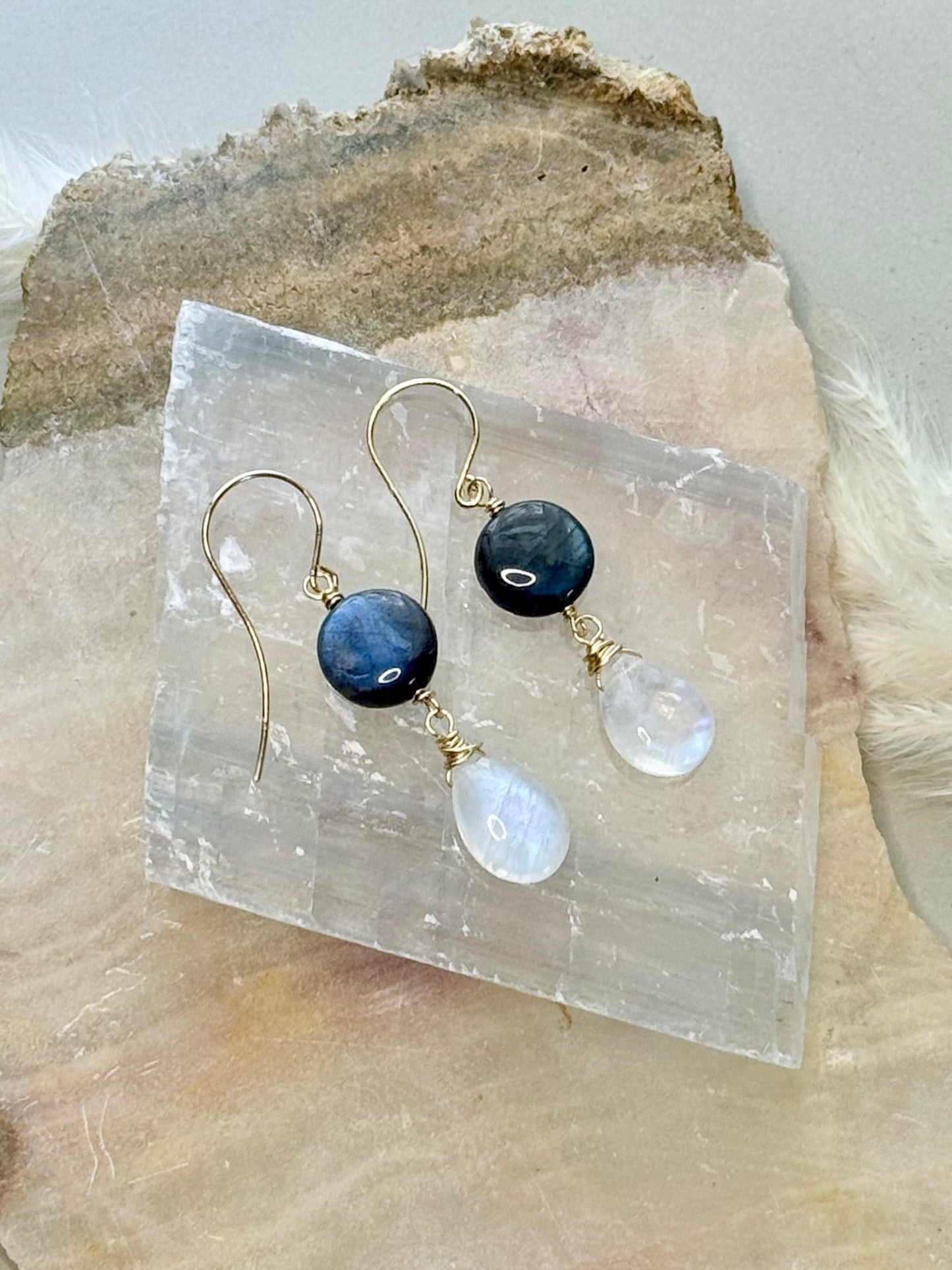 Labradorite + Rainbow Moonstone Gold Earrings