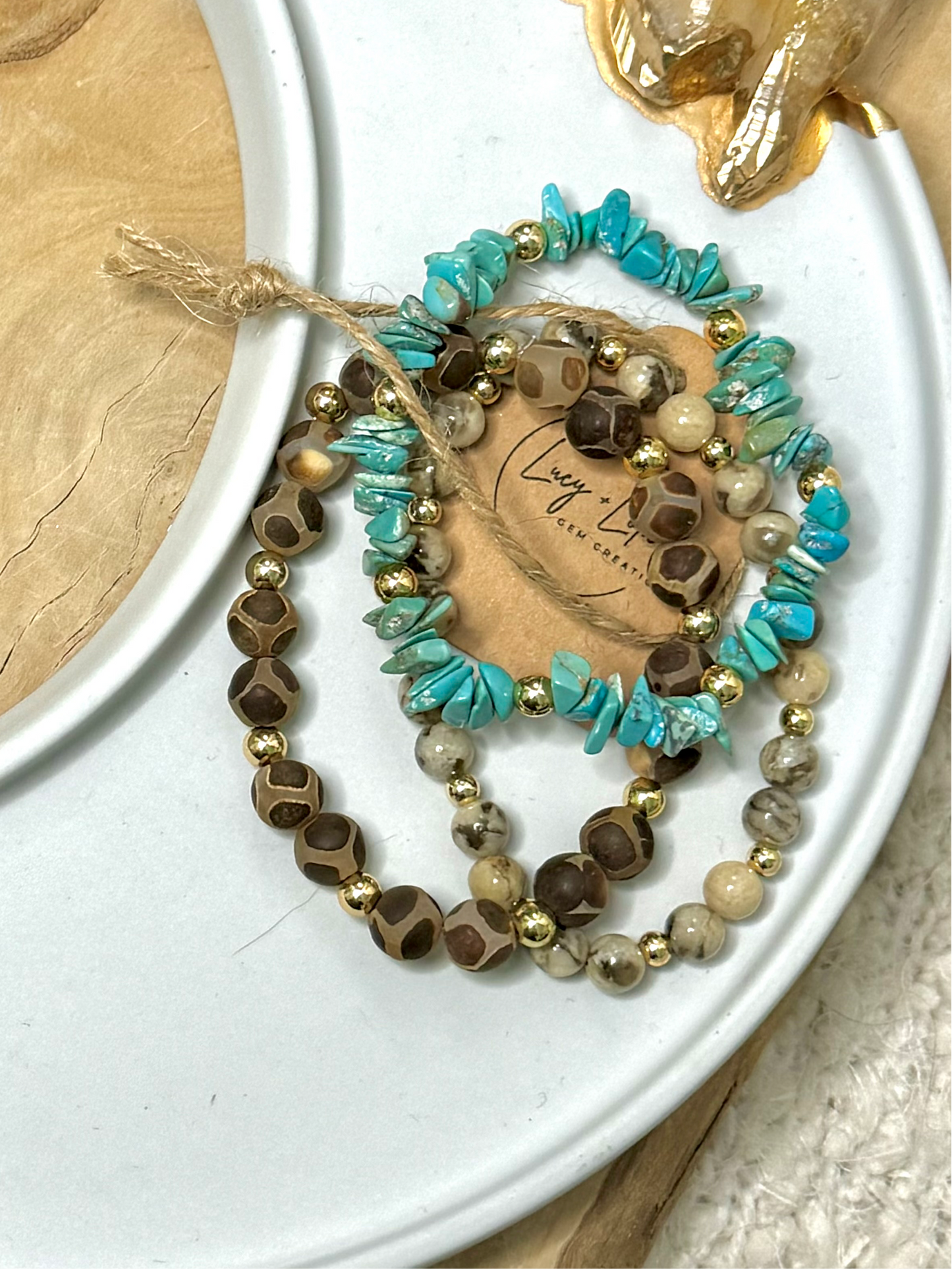 Tan + Turquoise in Gold Stack (3-stack)
