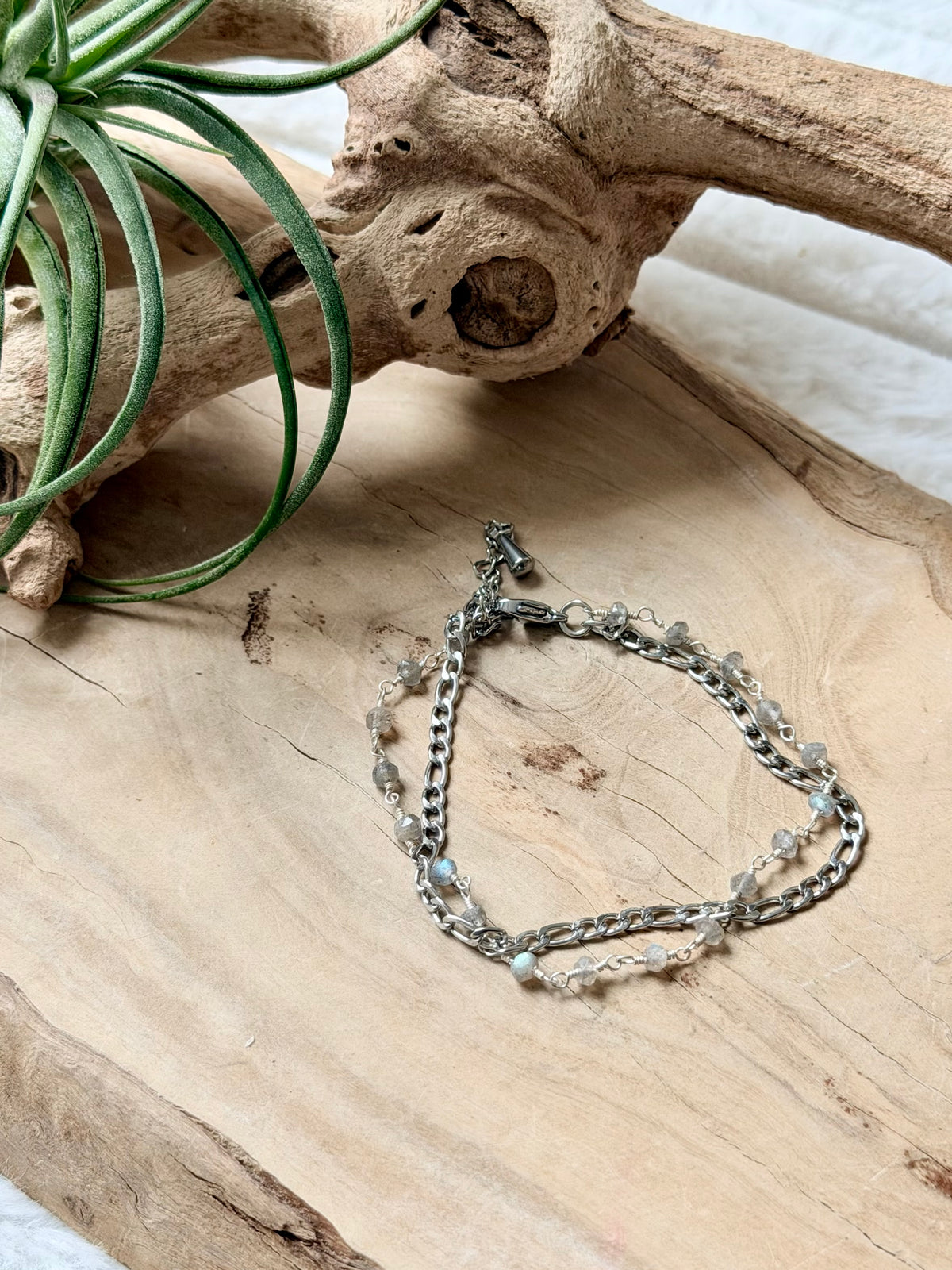 Labradorite + Stainless Steel Skinny Duet Bracelet