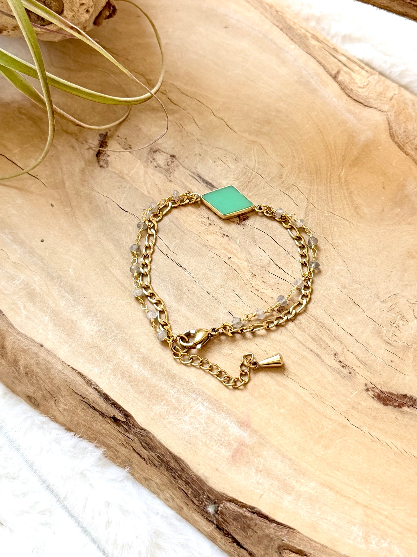 Chrysoprase + Labradorite Duet Bracelet in Gold Stainless Steel