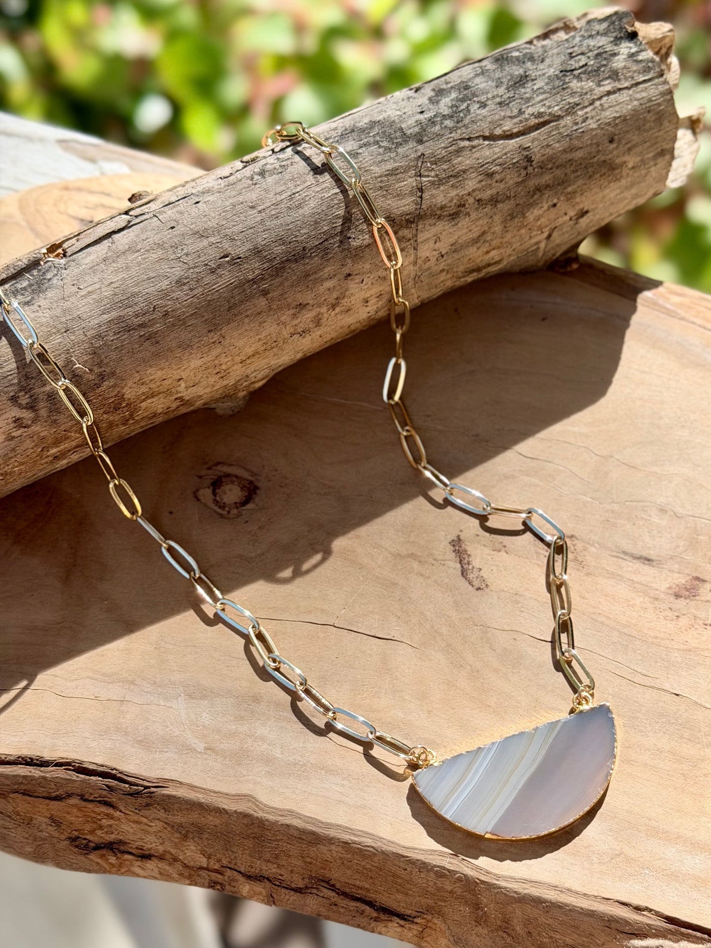 Agate Slice + Gold Stainless Steel Half Moon Necklace