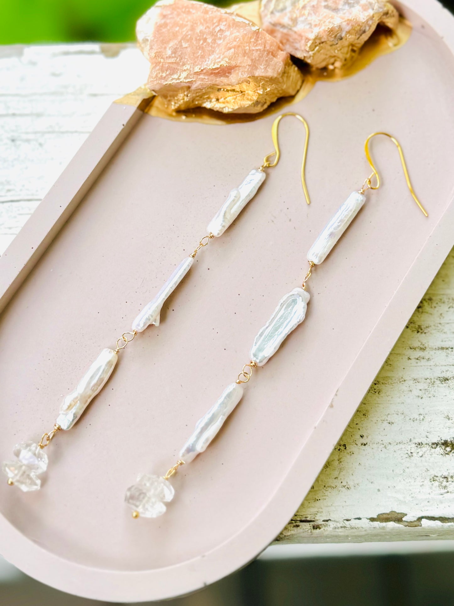 Freshwater Biwa Pearls + Herkimer Diamond Gold Drop Earrings