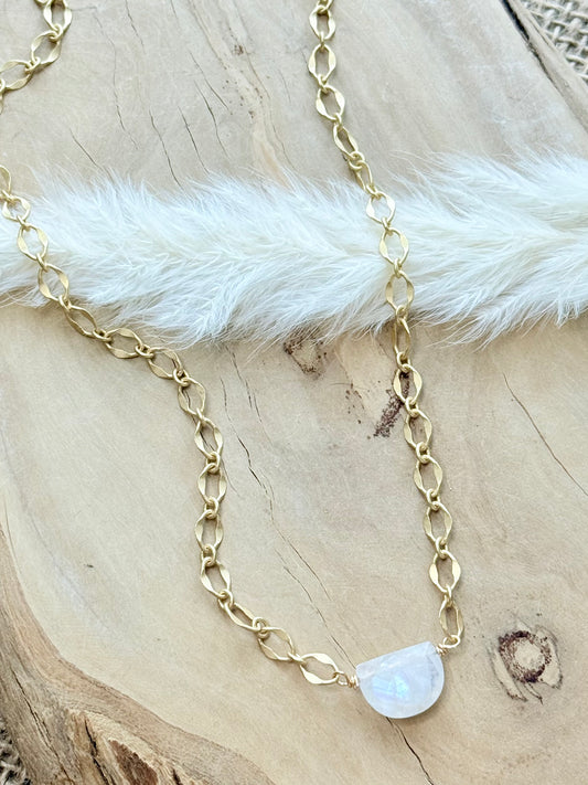 Rainbow Moonstone + Matte Gold Half Moon Necklace