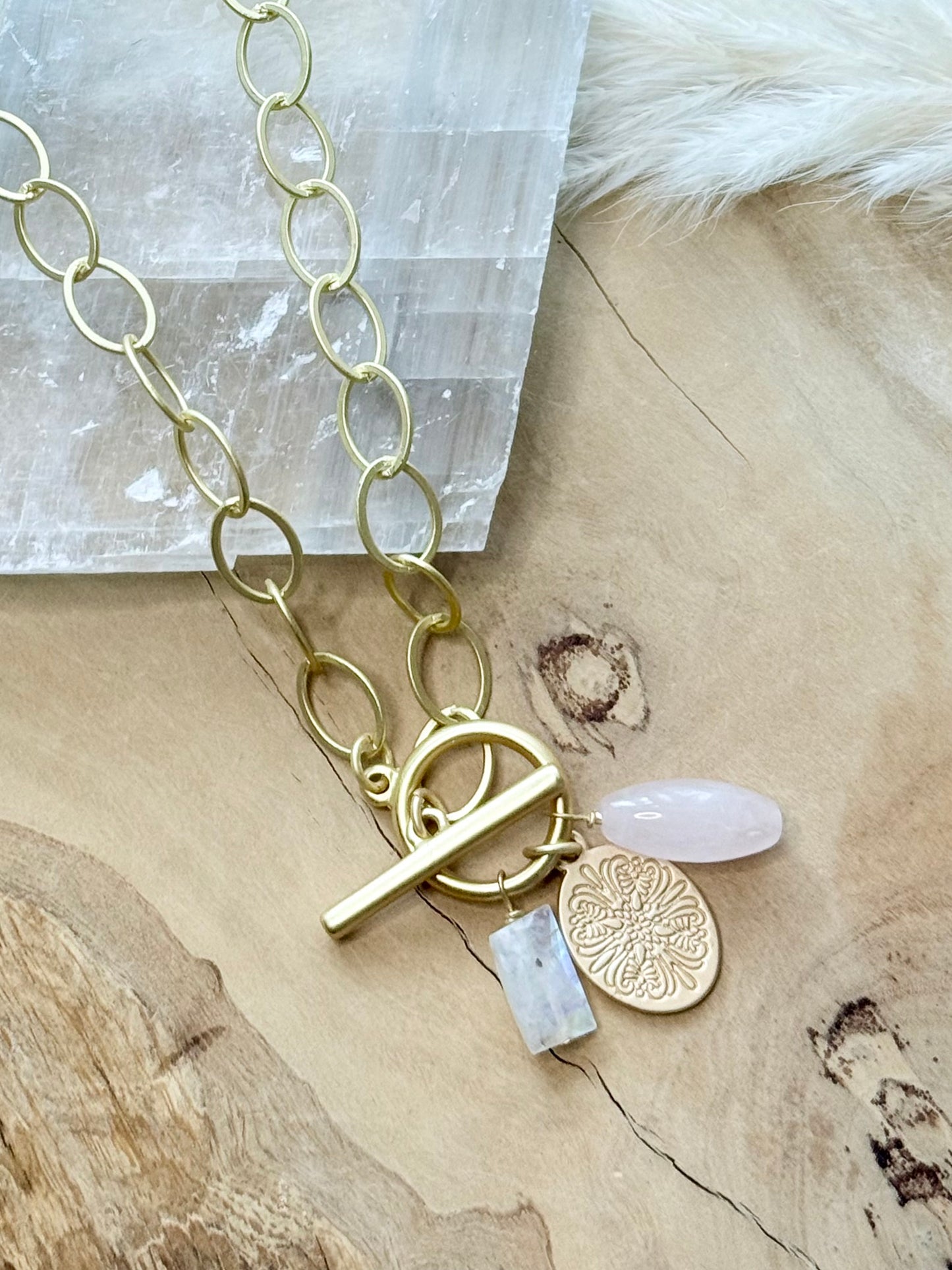 Rose Quartz + Moonstone Gold Charm Toggle Necklace