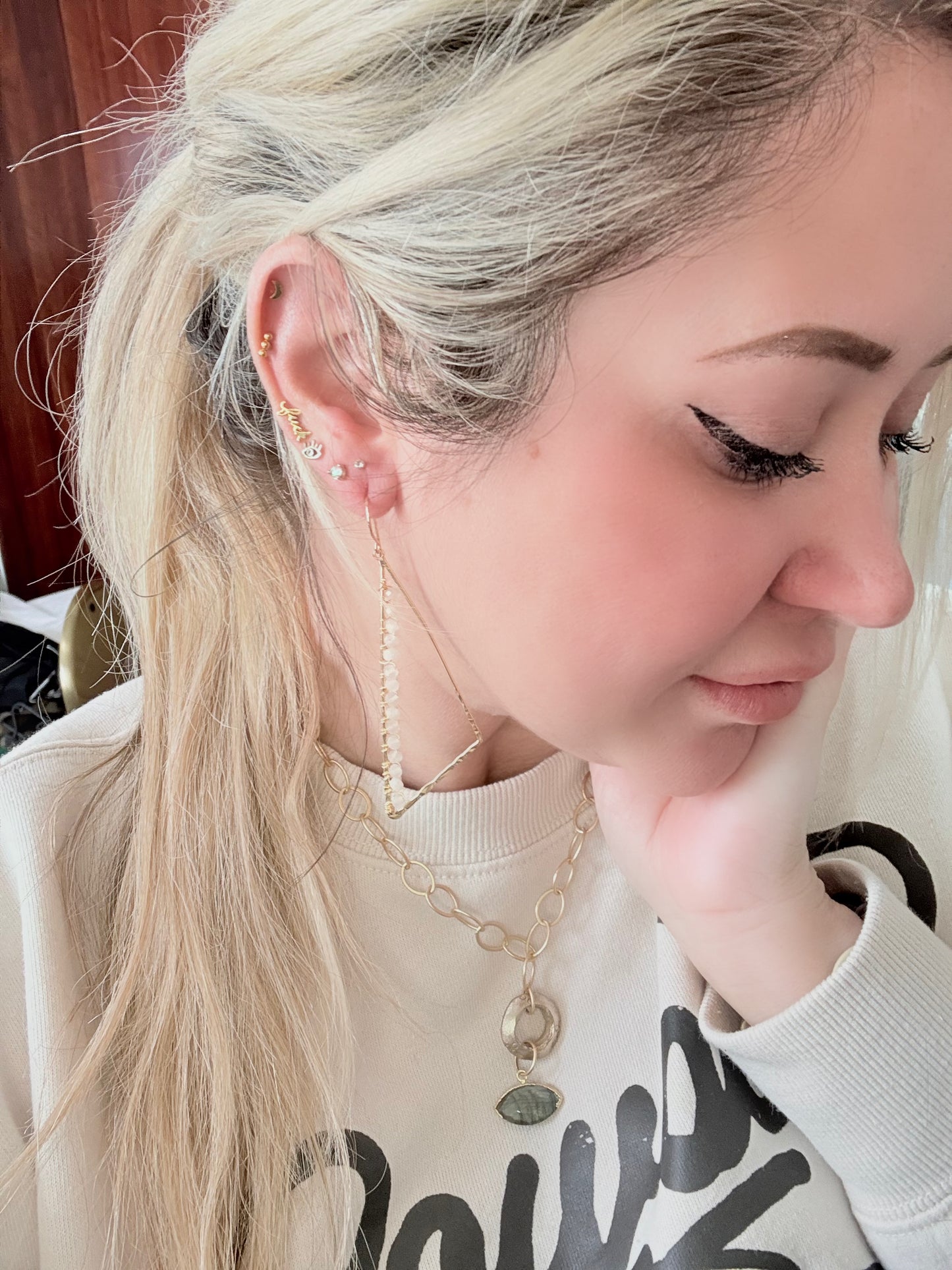 Silver Moonstone + Silver Large Triangle Earrings