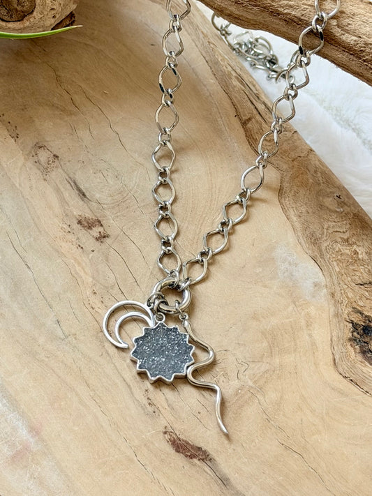 Black Sumstone + Silver Stainless Carabiner Charm Necklace