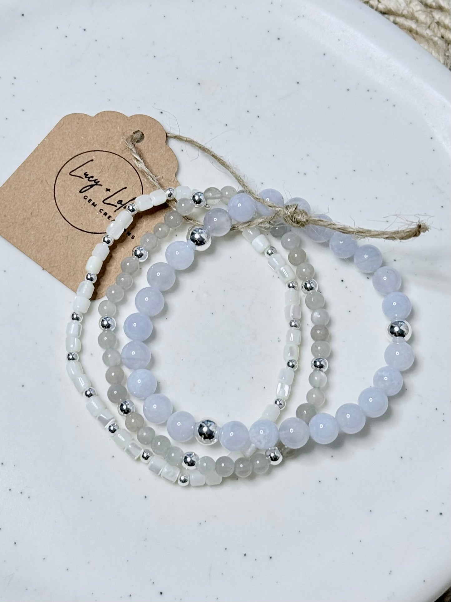 Blue Lace Agate + Moonstone in Silver Stack (3-stack)