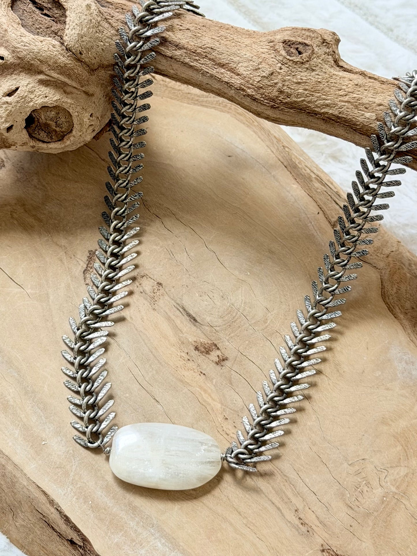 White Moonstone + Antique Silver Fishbone Necklace