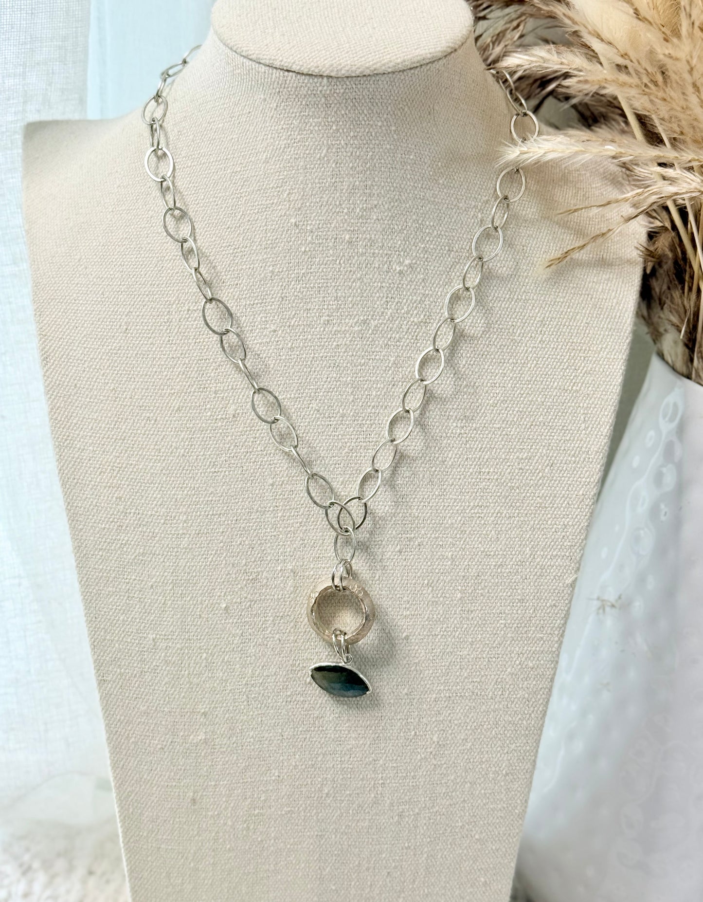 Labradorite Evil Eye + Antique Silver Necklace
