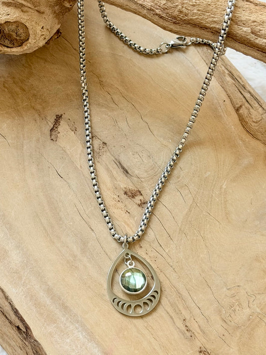 Labradorite + Stainless Moon Phases Necklace