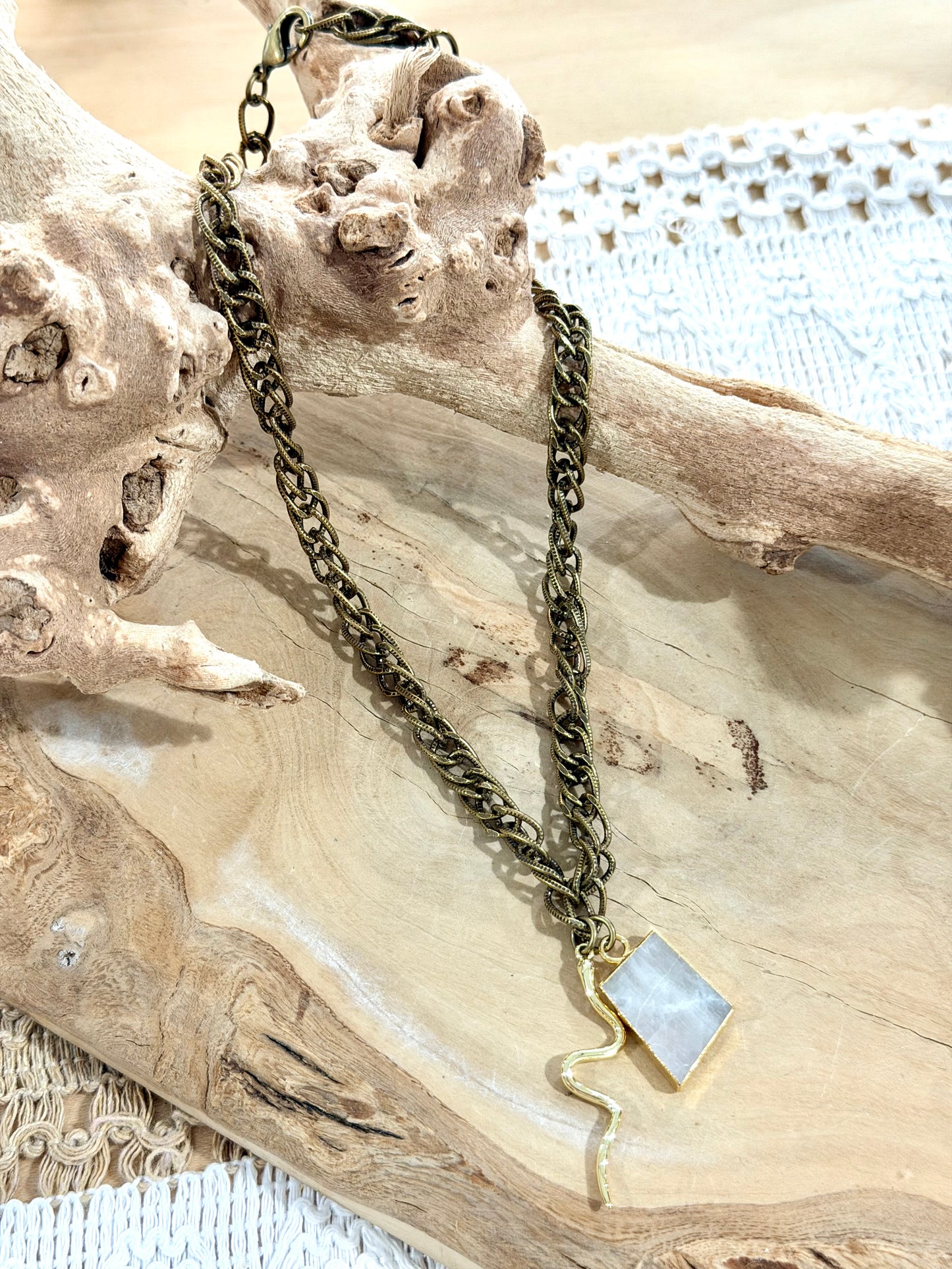Rainbow Moonstone + Antique Brass Necklace