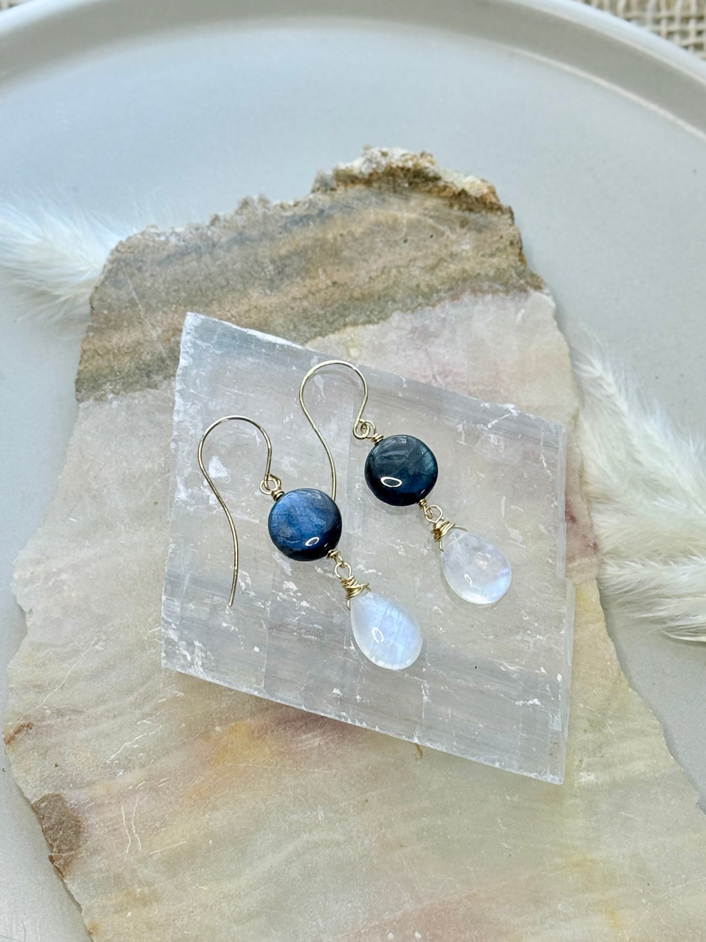 Labradorite + Rainbow Moonstone Gold Earrings