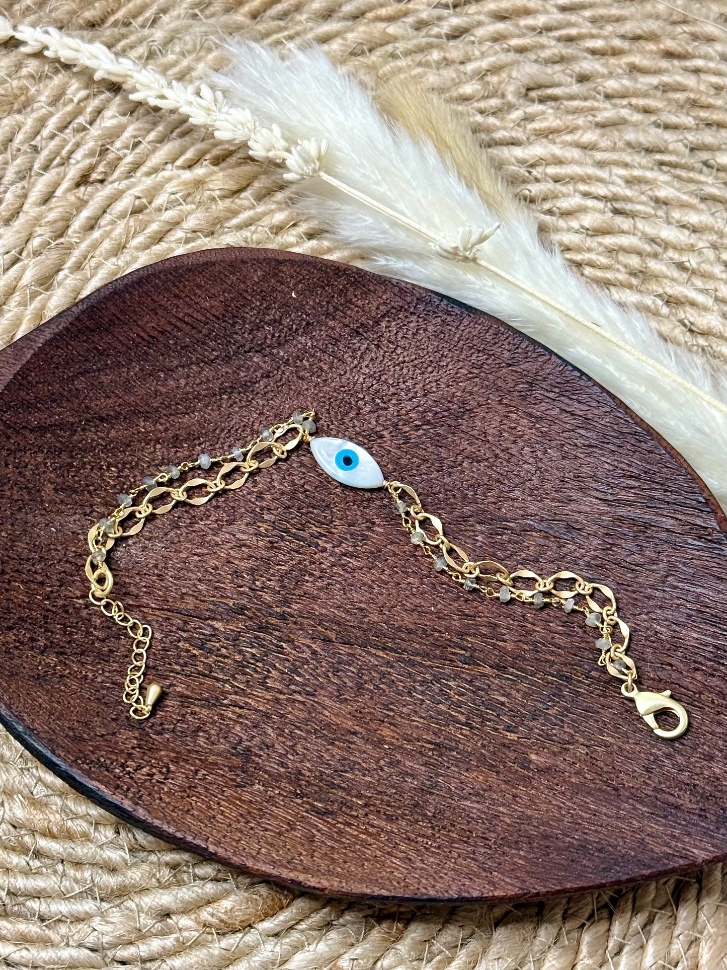 Mother of Pearl Evil Eye + Labradorite Matte Gold Chain Bracelet