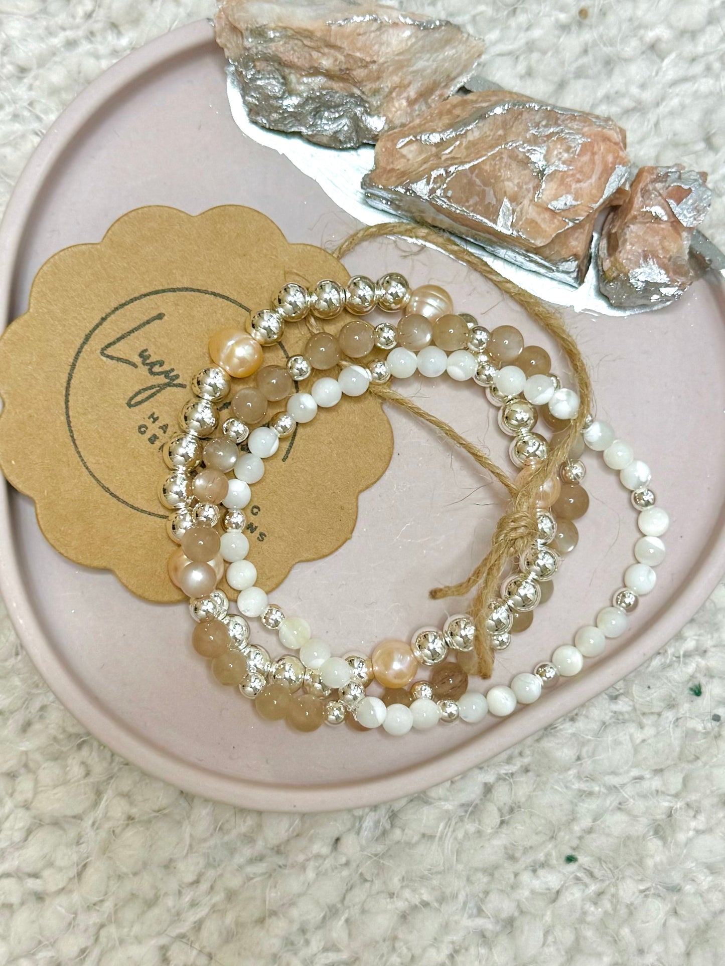 Freshwater Pearl + Moonstone in Silver (3-stack)