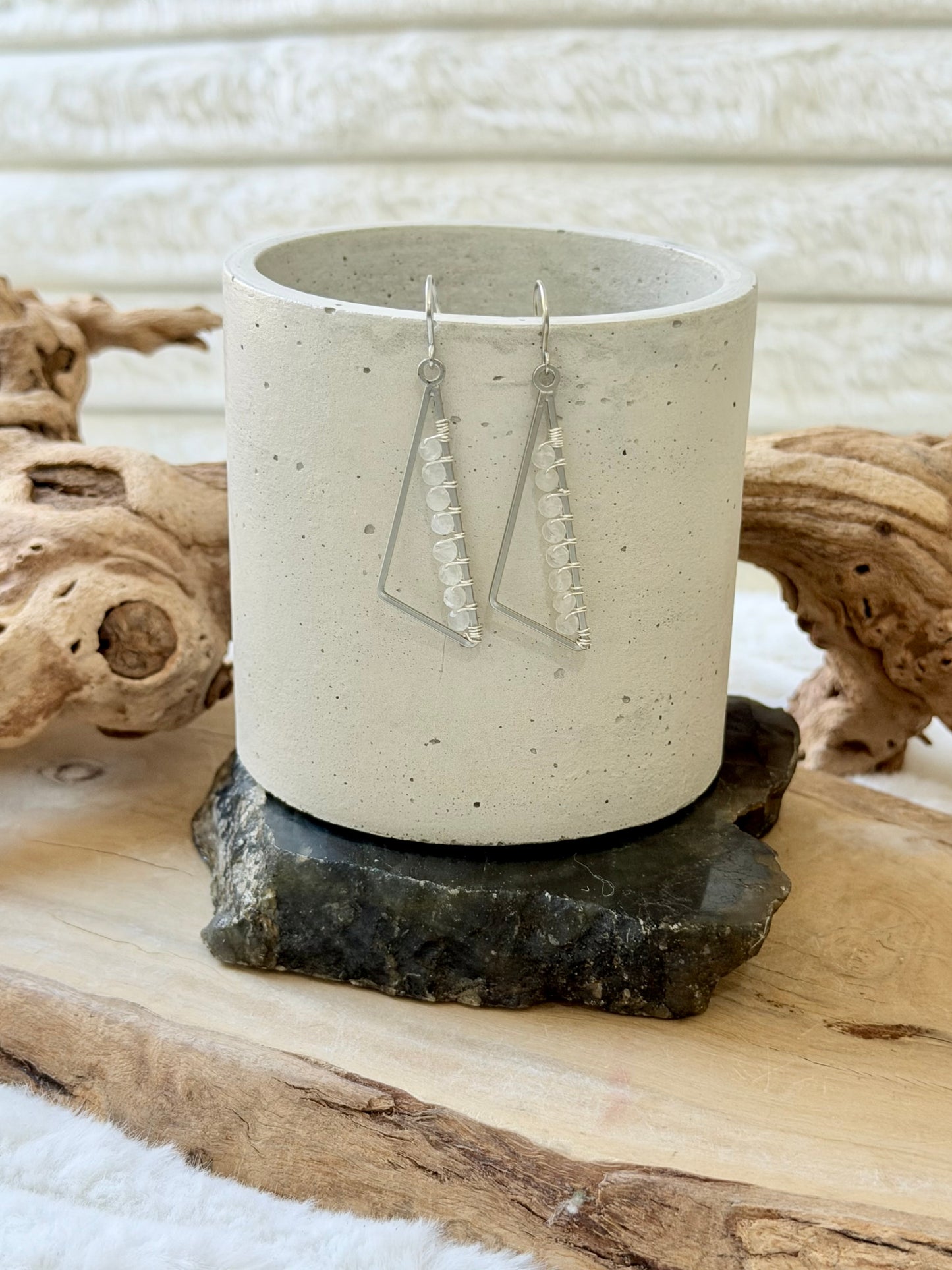 Rainbow Moonstone + Matte Silver Triangle Earrings