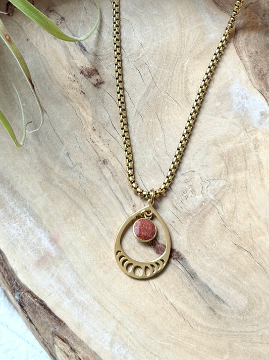 Goldstone + Gold Stainless Moon Phases Necklace