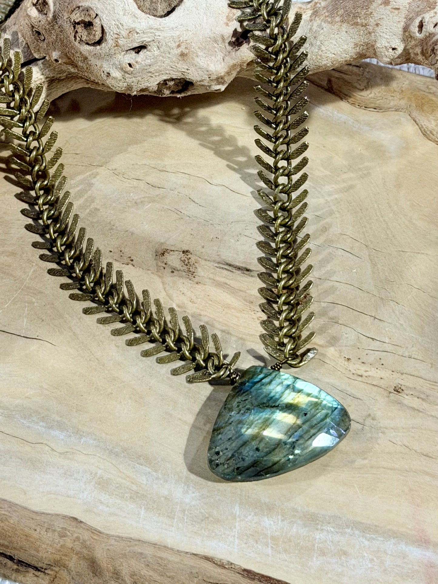 Labradorite + Antique Brass Fishbone Necklace