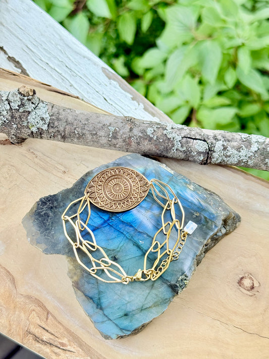 Brass Mandala Eye + Gold Chain Bracelet