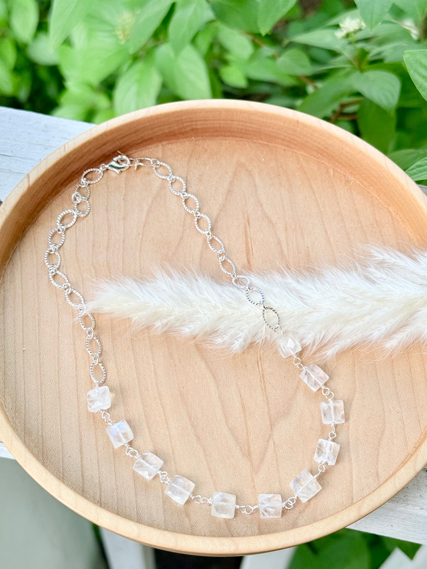 Rainbow Moonstone + Silver Square Necklace