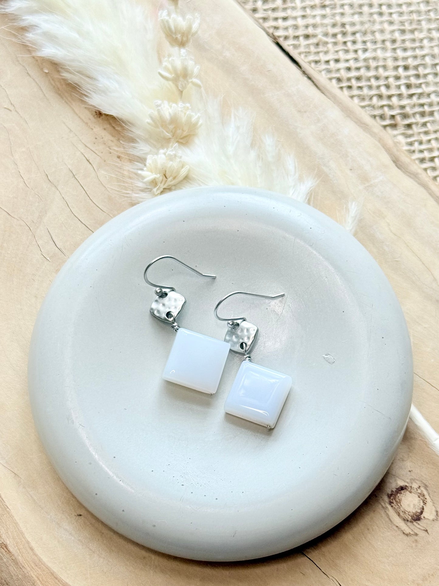 Chalcedony + Matte Silver Diamond Earrings